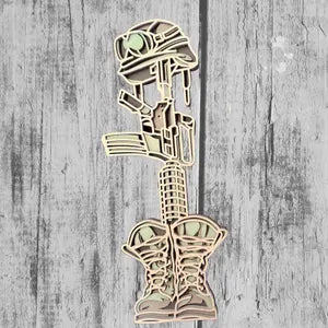 Battlefield Cross Layered Wooden Art — Fallen Soldier Memorial | Military, Veteran, Patriotic Home Décor