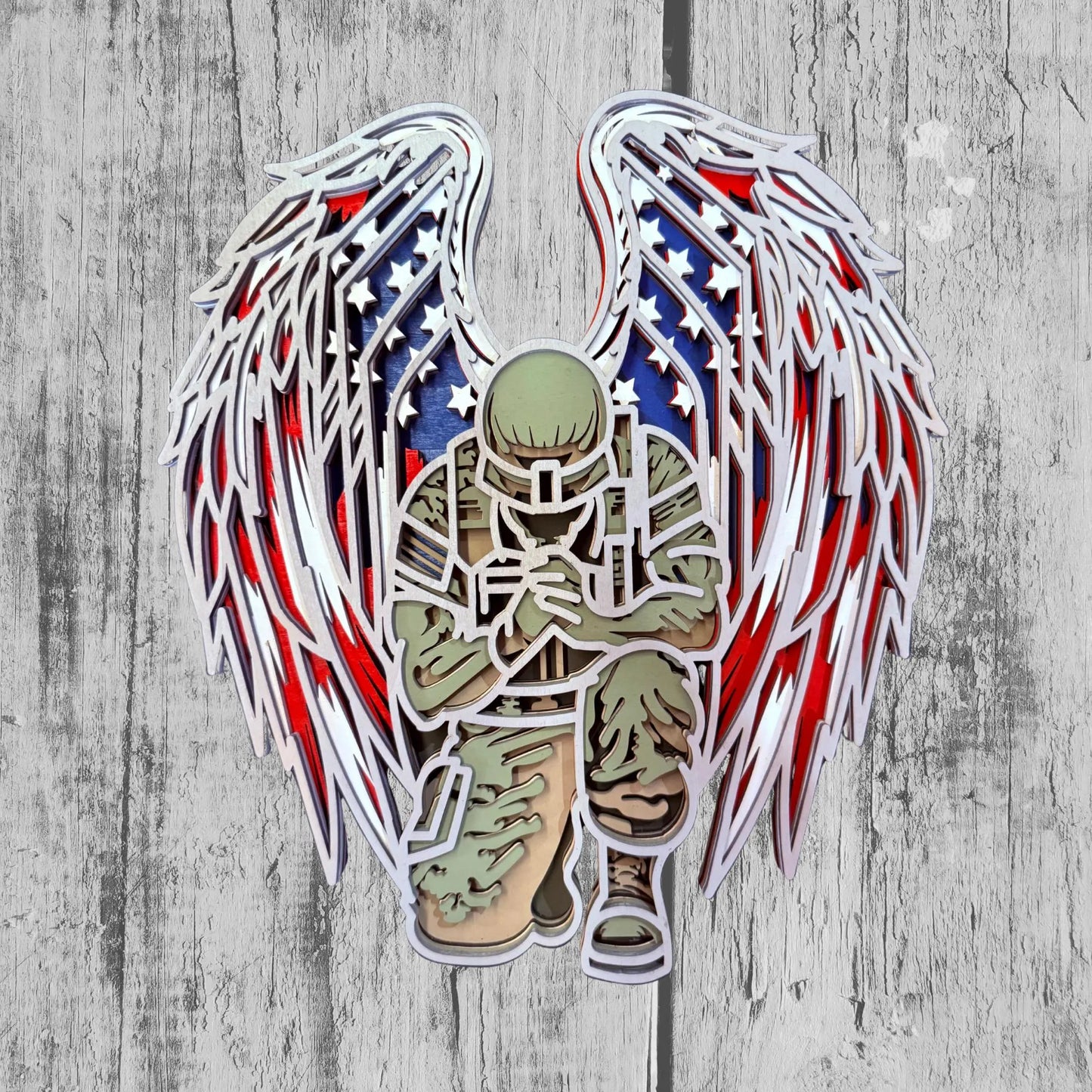 Layered Wood Kneeling Soldier Memorial – Patriotic Angel Wings, Veteran Gift