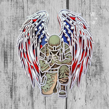 Layered Wood Kneeling Soldier Memorial – Patriotic Angel Wings, Veteran Gift