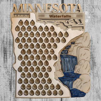 Handcrafted Minnesota Waterfalls Challenge Map – Layered Wooden Adventure Tracker