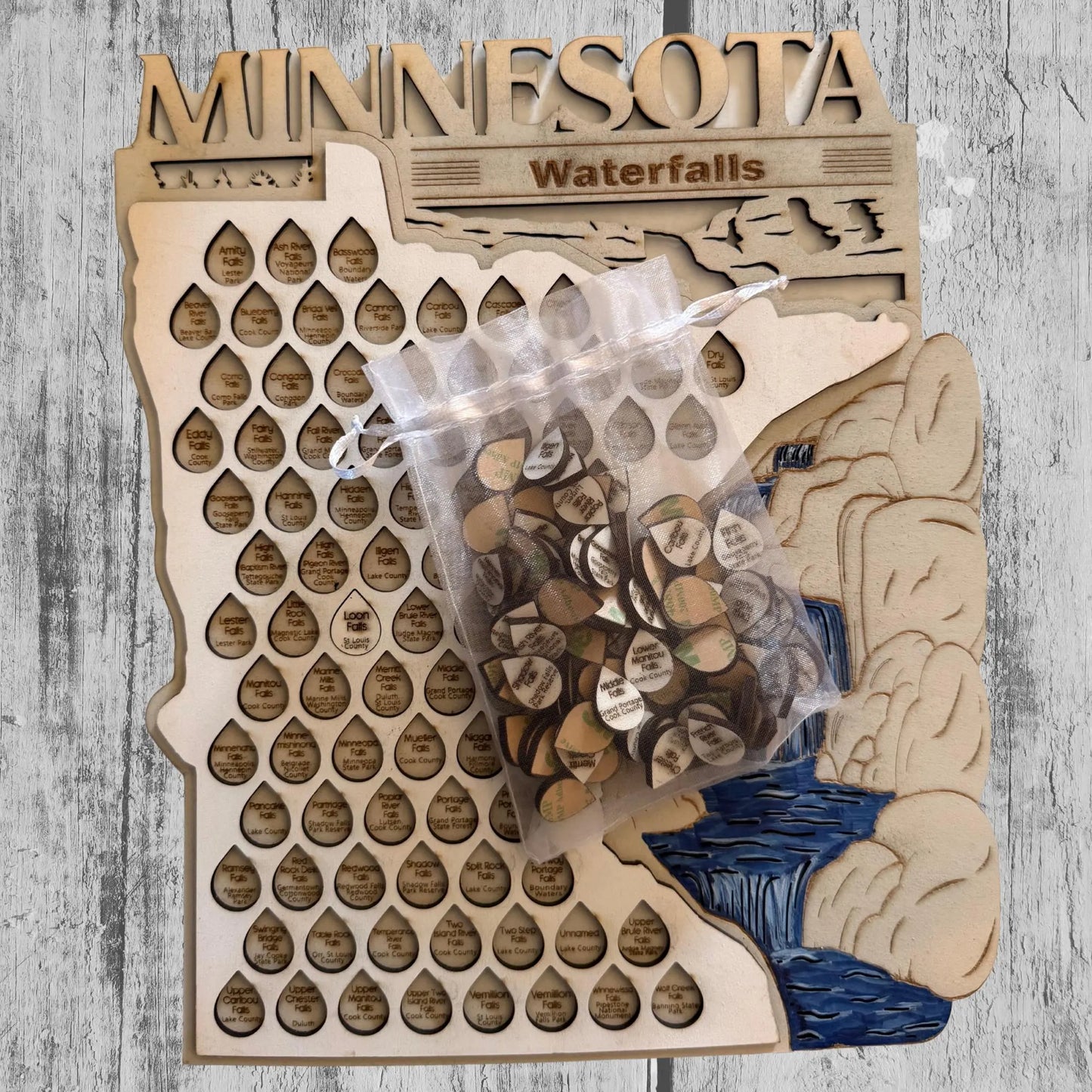 Handcrafted Minnesota Waterfalls Challenge Map – Layered Wooden Adventure Tracker